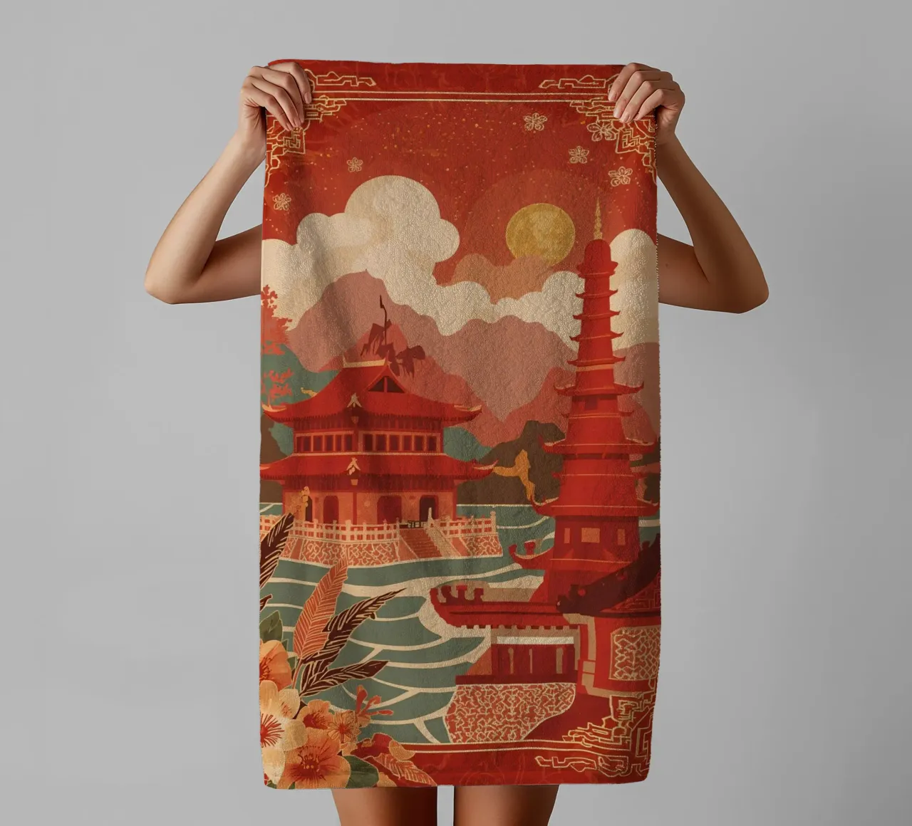 Paesaggio asiatico con pagode e bordura floreale asciugamano da bagno da DesignDoodle