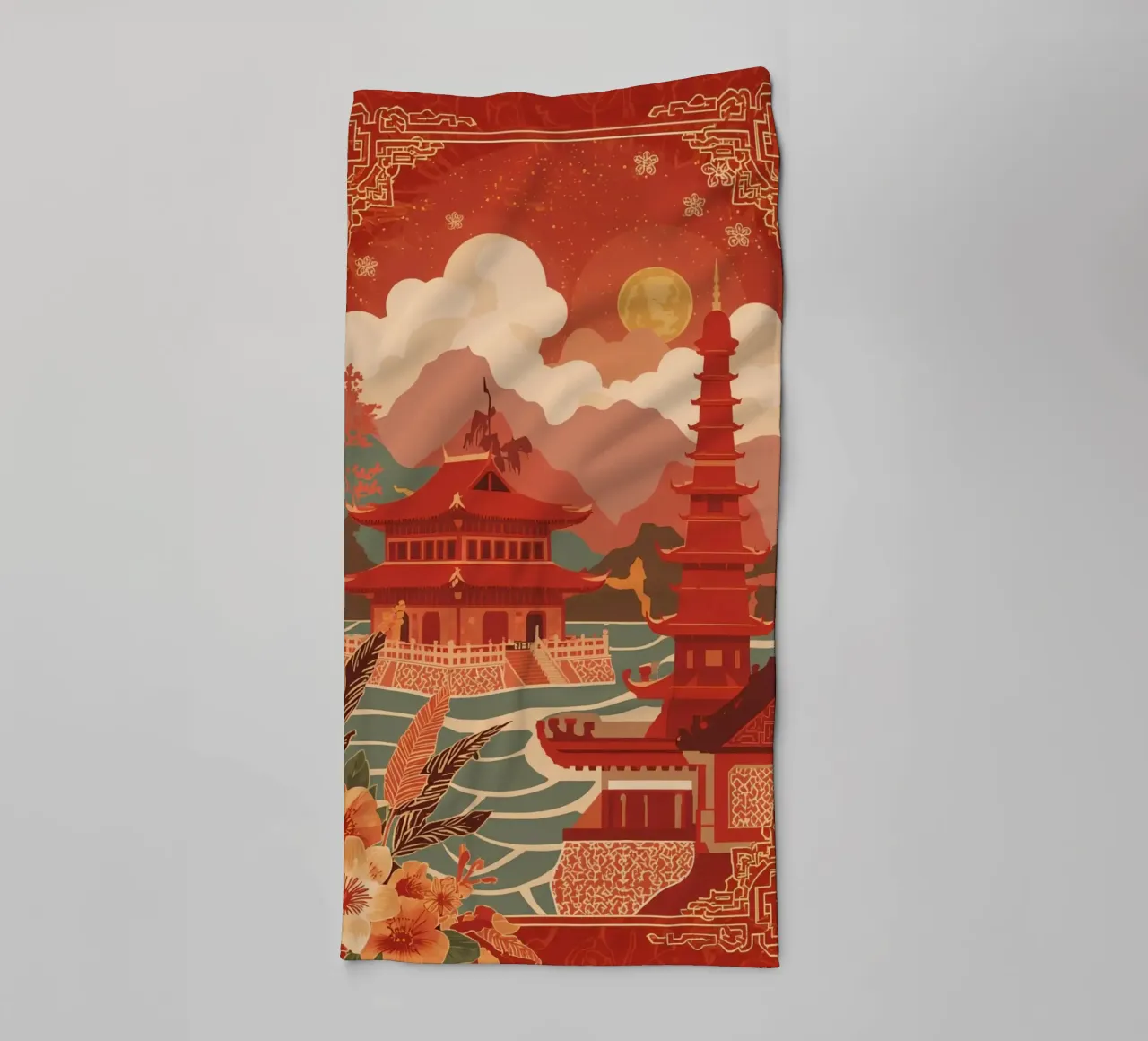 Paesaggio asiatico con pagode e bordura floreale asciugamano da bagno da DesignDoodle
