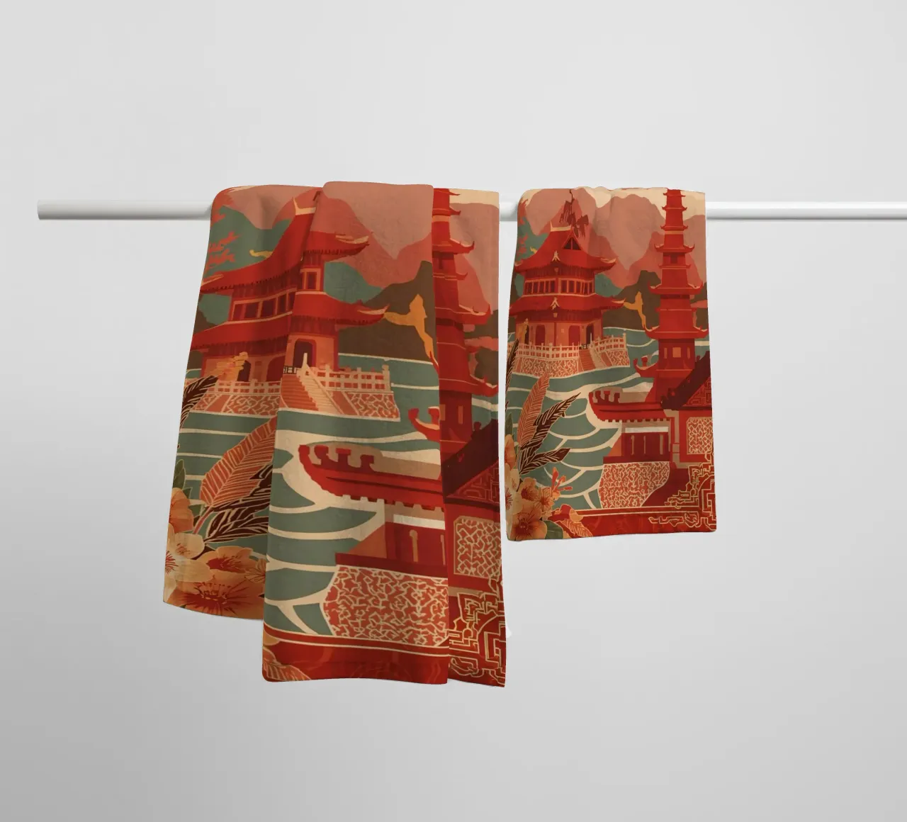 Paesaggio asiatico con pagode e bordura floreale asciugamano da bagno da DesignDoodle
