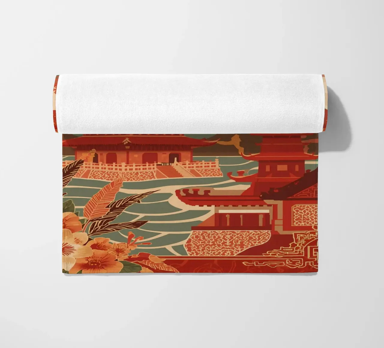 Paesaggio asiatico con pagode e bordura floreale telo mare da DesignDoodle