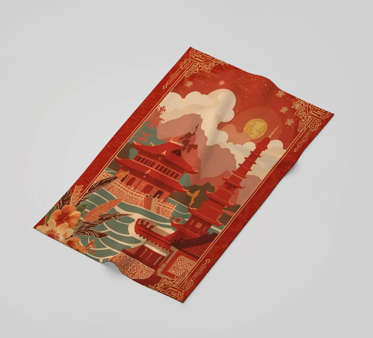 Paesaggio asiatico con pagode e bordura floreale telo mare da DesignDoodle