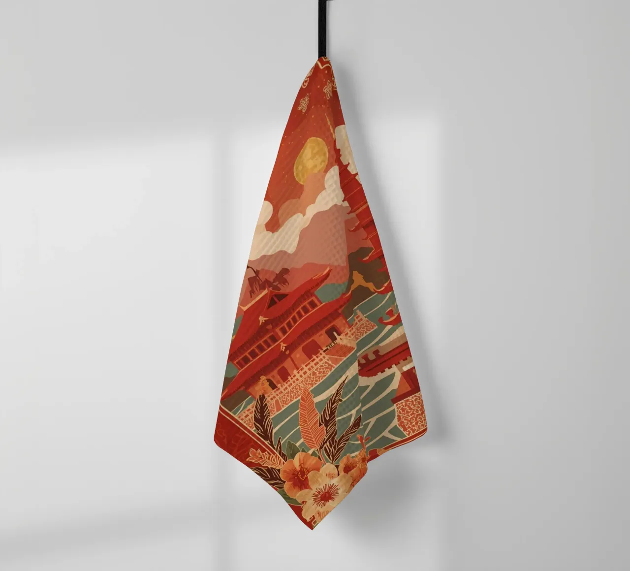 Paesaggio asiatico con pagode e bordura floreale canovaccio da cucina da DesignDoodle