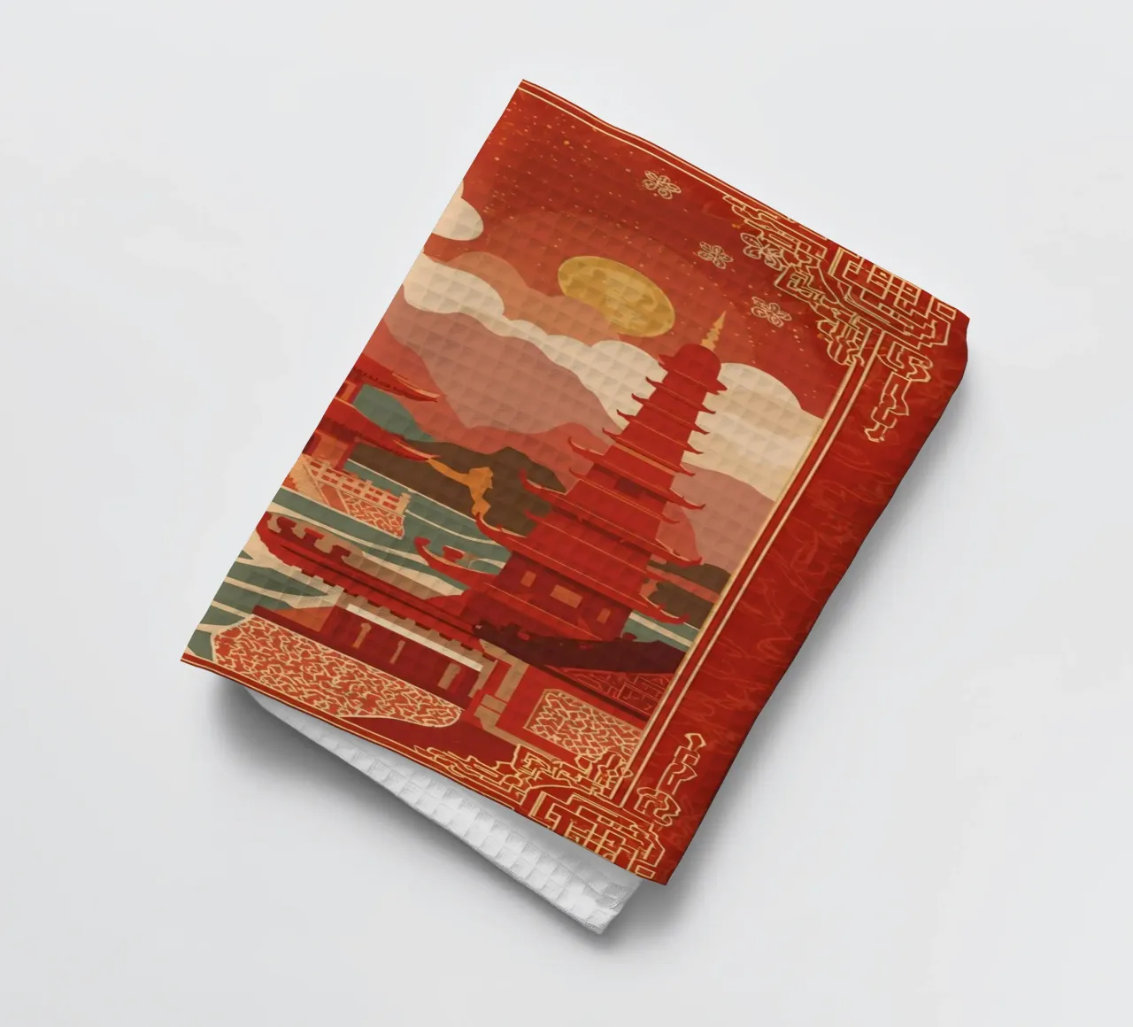 Paesaggio asiatico con pagode e bordura floreale canovaccio da cucina da DesignDoodle
