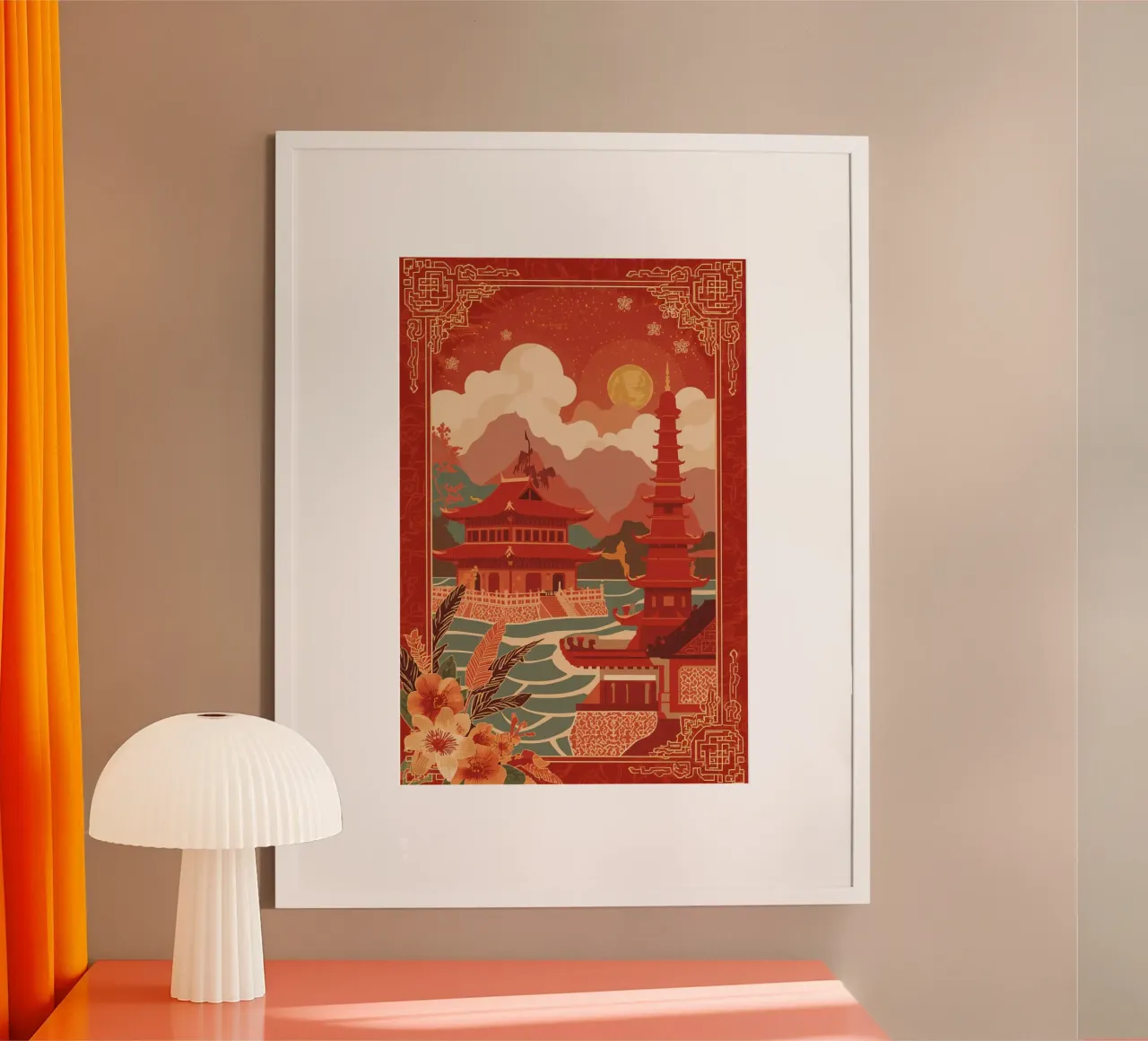 Paesaggio asiatico con pagode e bordura floreale carta hahnemühle da DesignDoodle