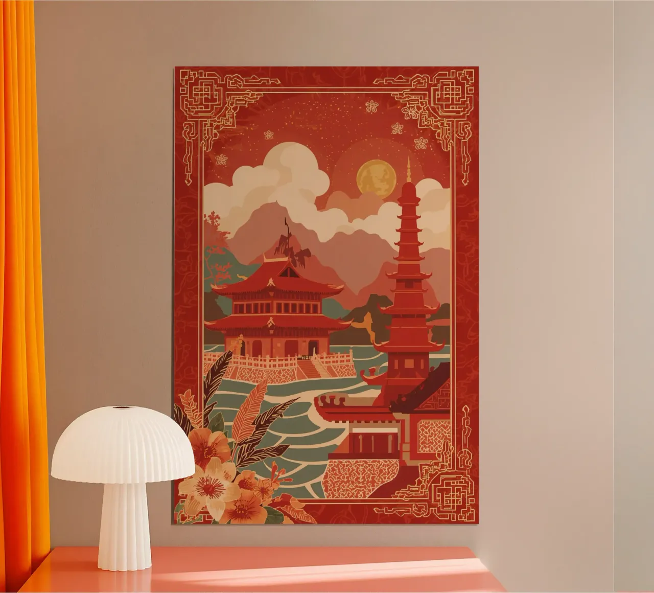 Paesaggio asiatico con pagode e bordura floreale carta hahnemühle da DesignDoodle