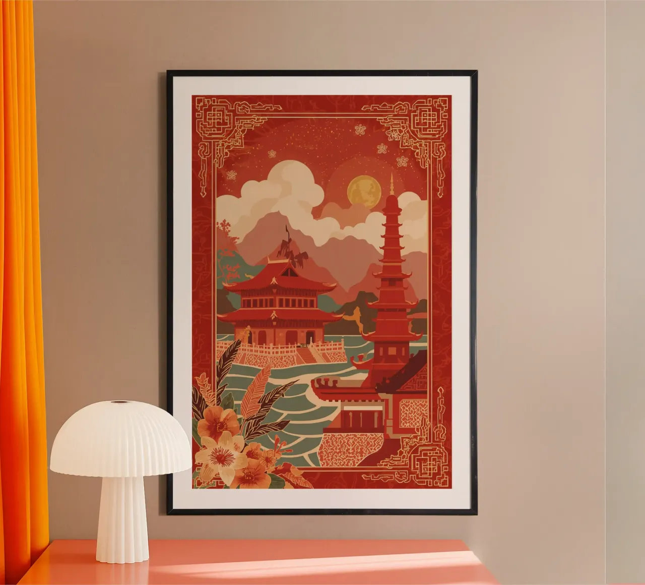 Paesaggio asiatico con pagode e bordura floreale carta hahnemühle da DesignDoodle