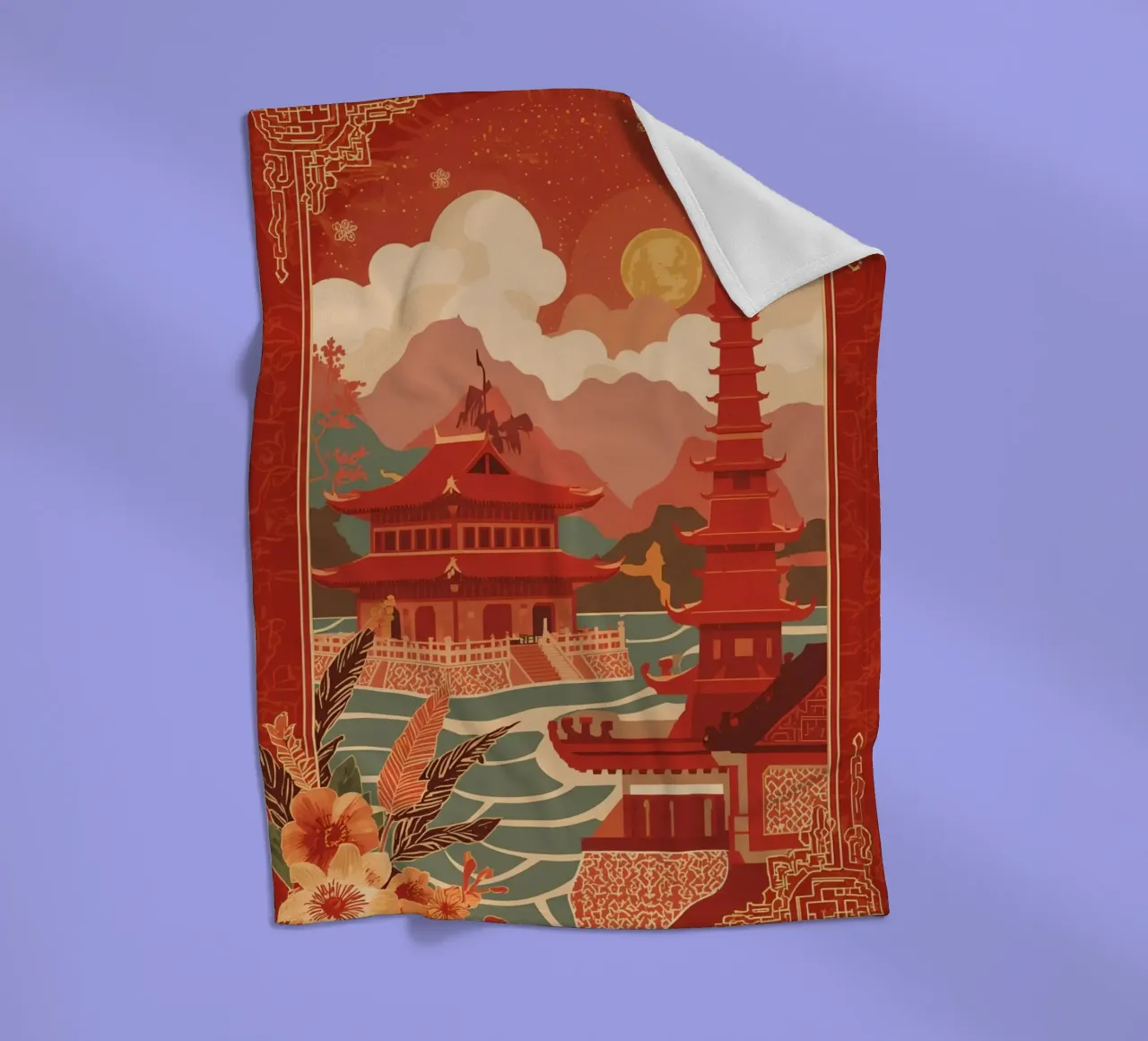 Paesaggio asiatico con pagode e bordura floreale coperta in pile da DesignDoodle