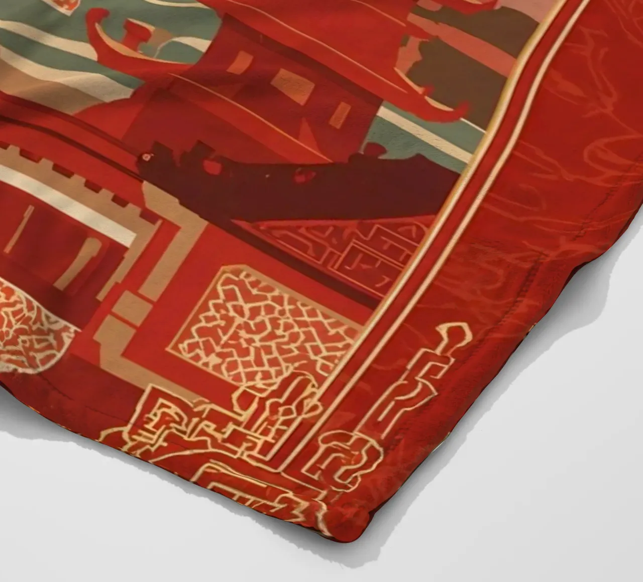 Paesaggio asiatico con pagode e bordura floreale coperta in pile da DesignDoodle