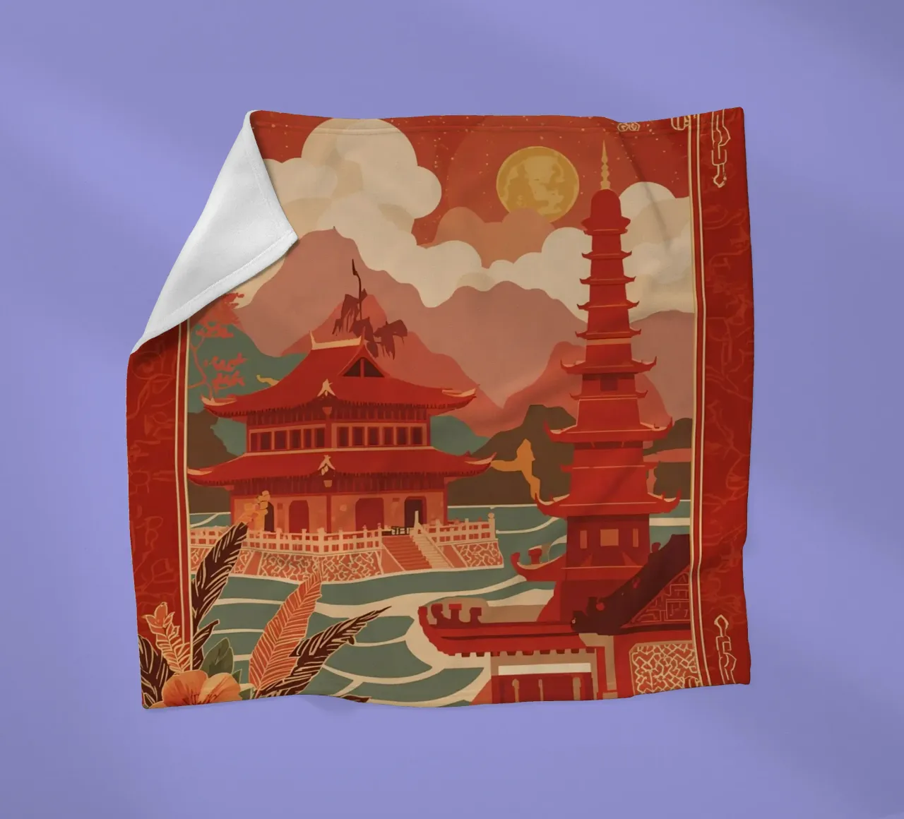 Paesaggio asiatico con pagode e bordura floreale coperta in pile da DesignDoodle