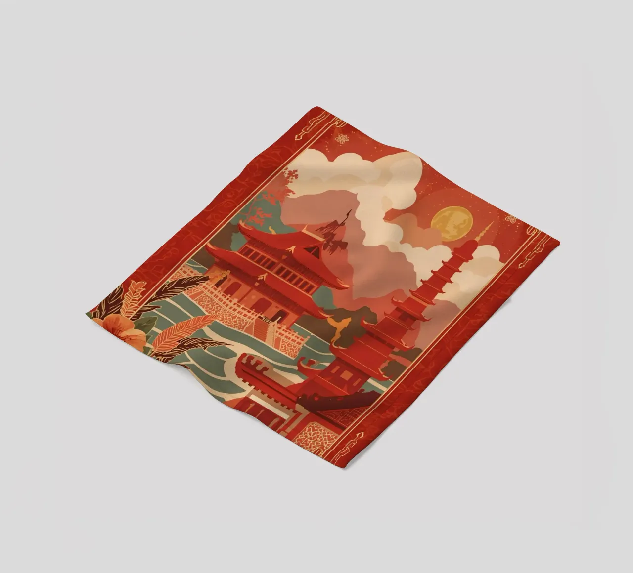 Paesaggio asiatico con pagode e bordura floreale coperta in pile da DesignDoodle