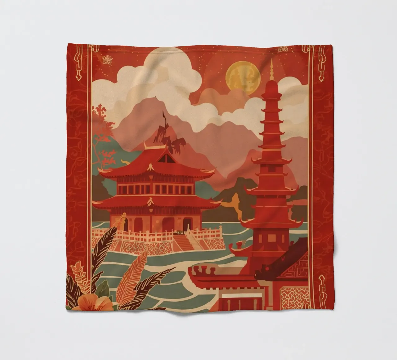 Paesaggio asiatico con pagode e bordura floreale coperta in pile da DesignDoodle
