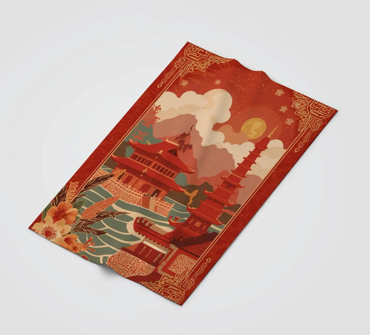 Paesaggio asiatico con pagode e bordura floreale coperta in pile da DesignDoodle