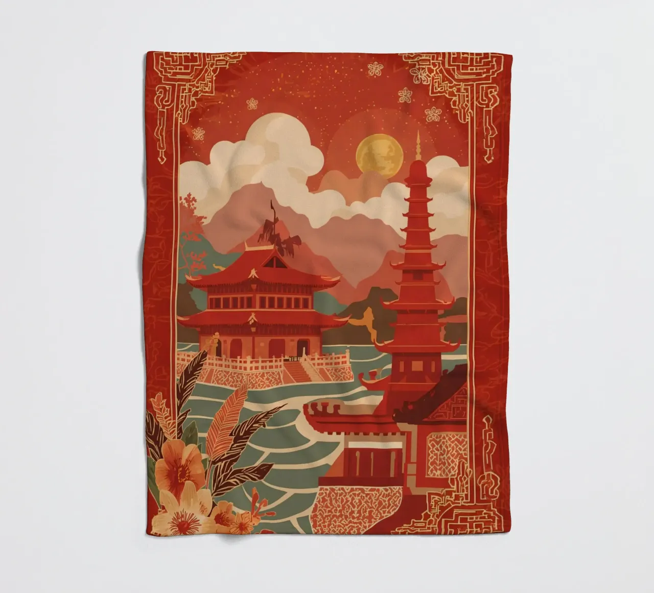 Paesaggio asiatico con pagode e bordura floreale coperta in pile da DesignDoodle