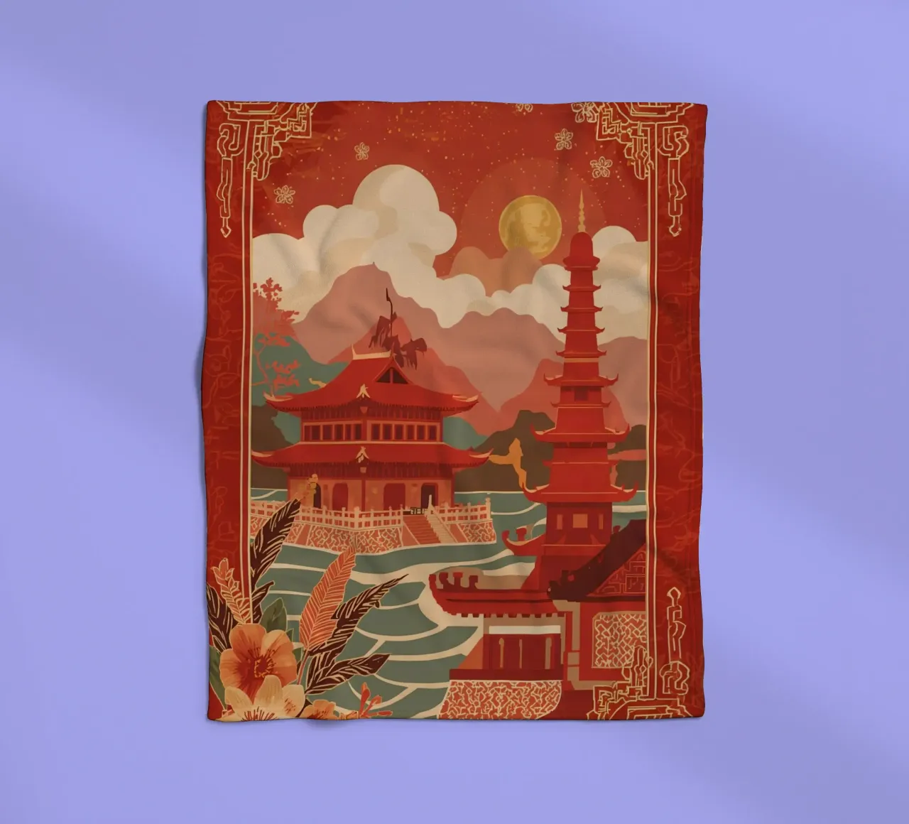 Paesaggio asiatico con pagode e bordura floreale coperta in pile da DesignDoodle