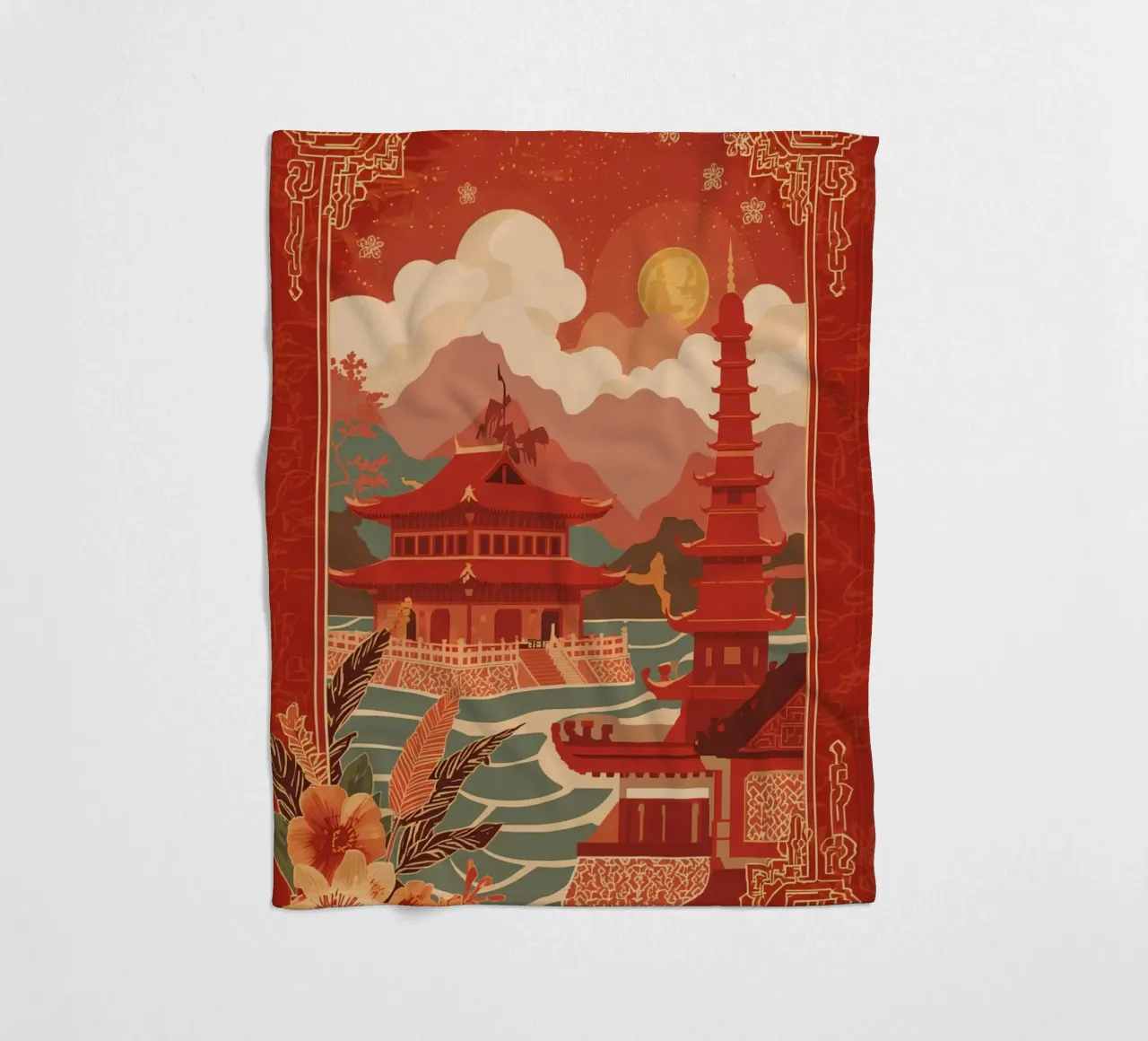Paesaggio asiatico con pagode e bordura floreale coperta in pile da DesignDoodle