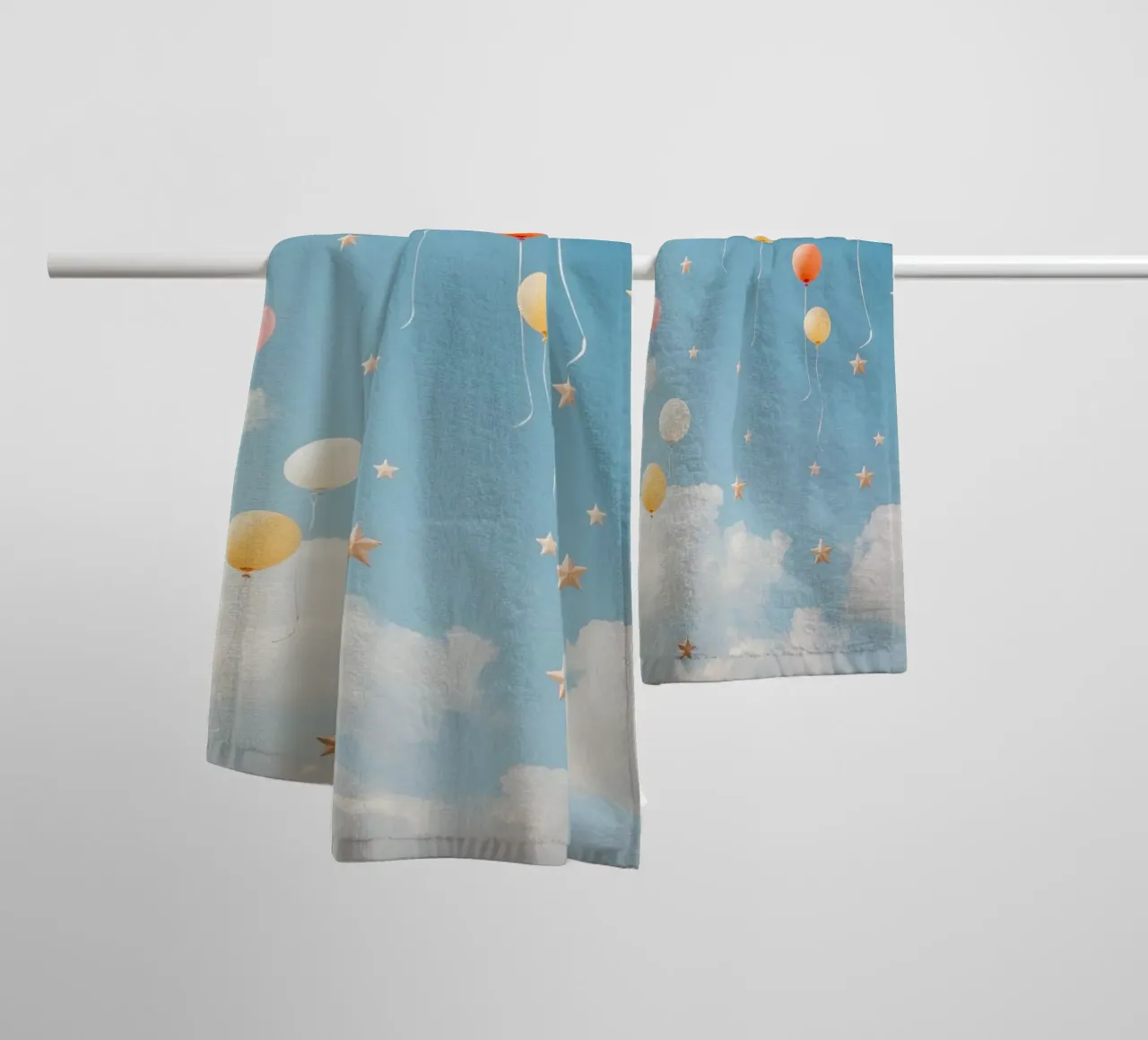 Balloons and Stars in a Cloudy Sky towel by DesignDoodle