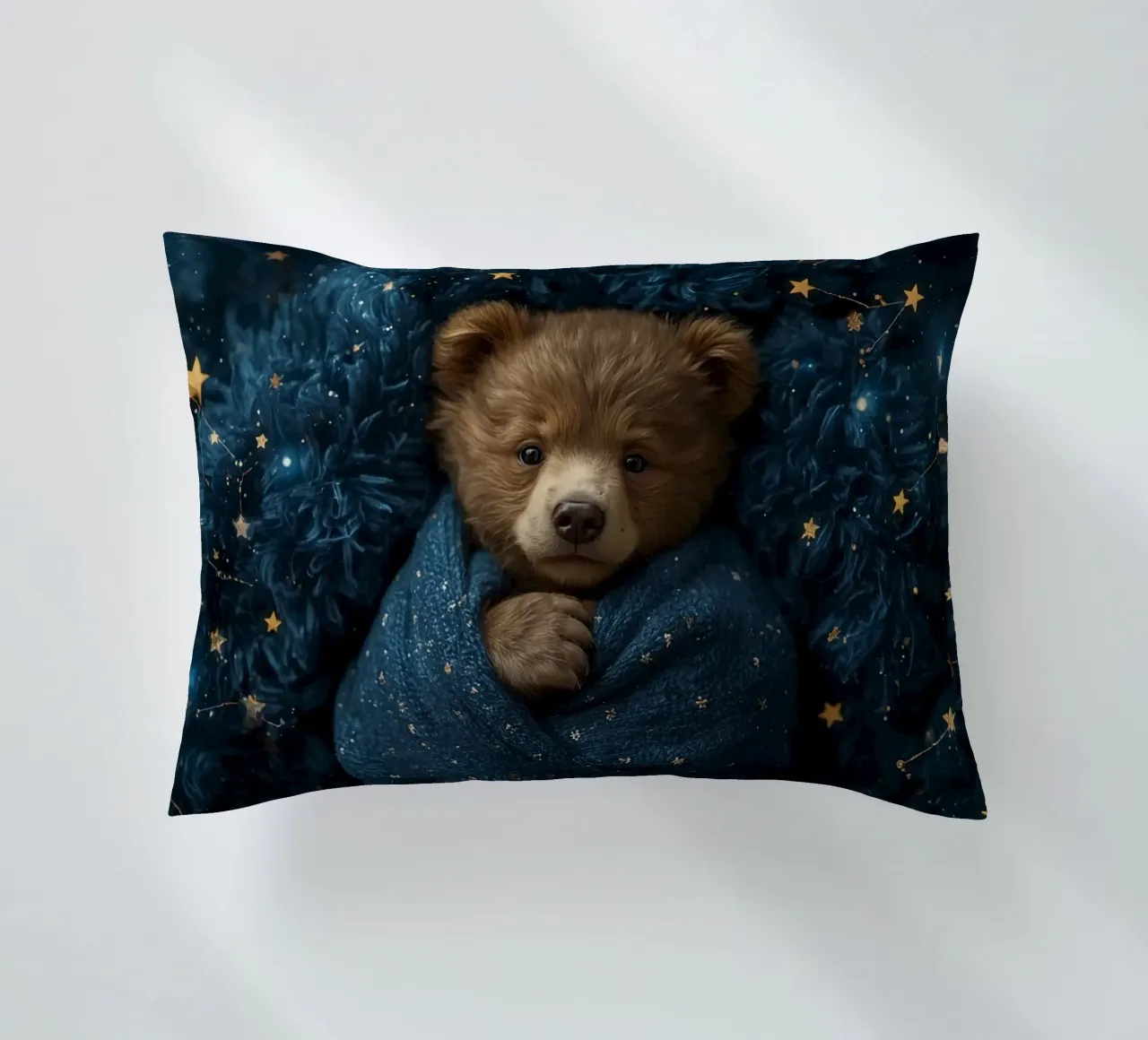 Cucciolo d'orso avvolto in una coperta di stelle cuscino da DesignDoodle