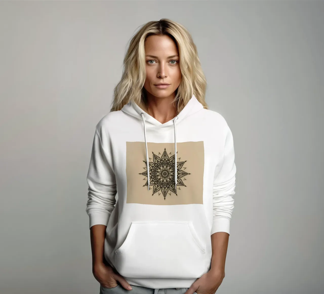 Mandala in bianco e nero su sfondo beige felpa con cappuccio da DesignDoodle