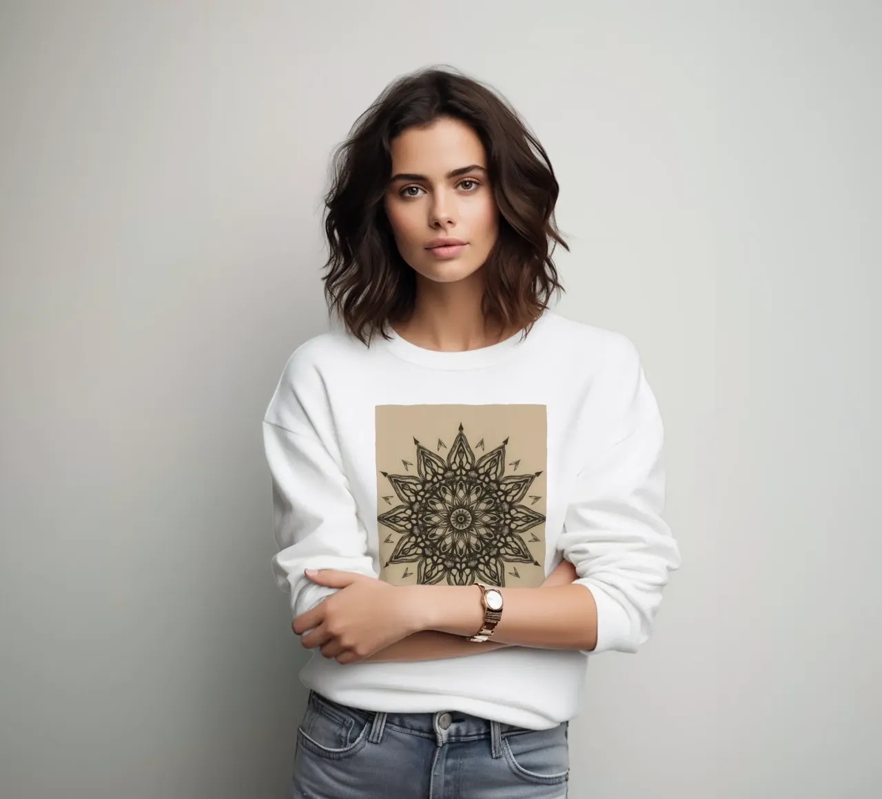 Mandala in bianco e nero su sfondo beige felpa da DesignDoodle