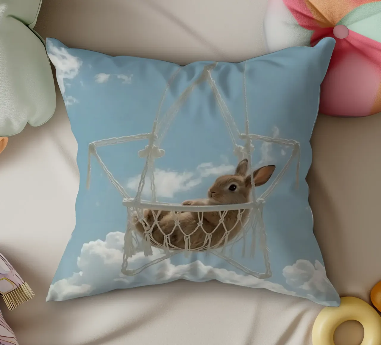 Simpatico coniglietto felice in amaca Macrame contro il cielo cuscino da DesignDoodle