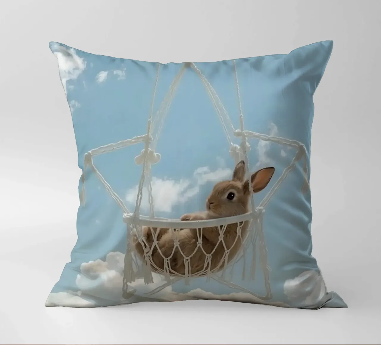 Simpatico coniglietto felice in amaca Macrame contro il cielo cuscino da DesignDoodle