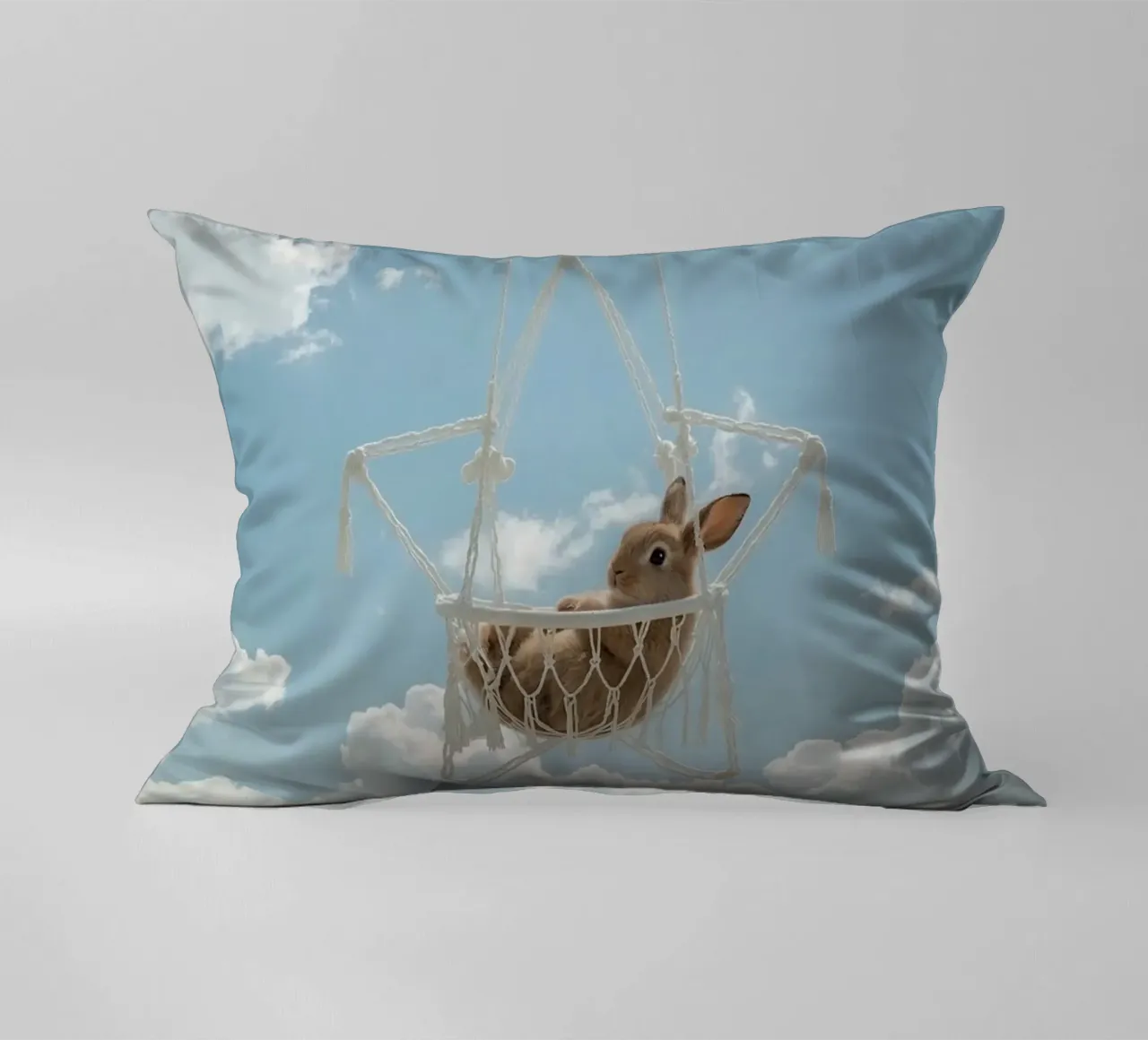 Simpatico coniglietto felice in amaca Macrame contro il cielo cuscino da DesignDoodle