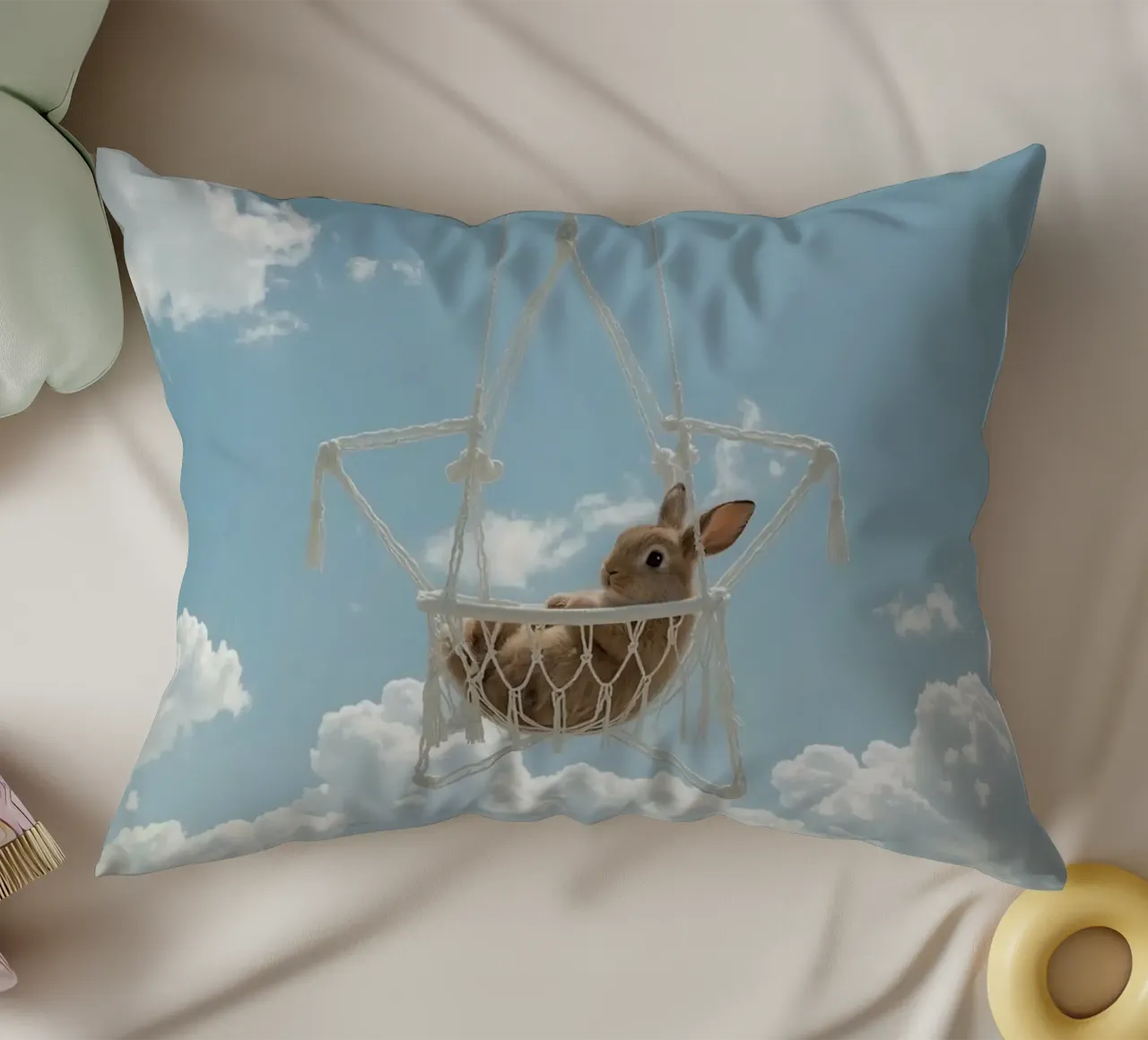 Simpatico coniglietto felice in amaca Macrame contro il cielo cuscino da DesignDoodle