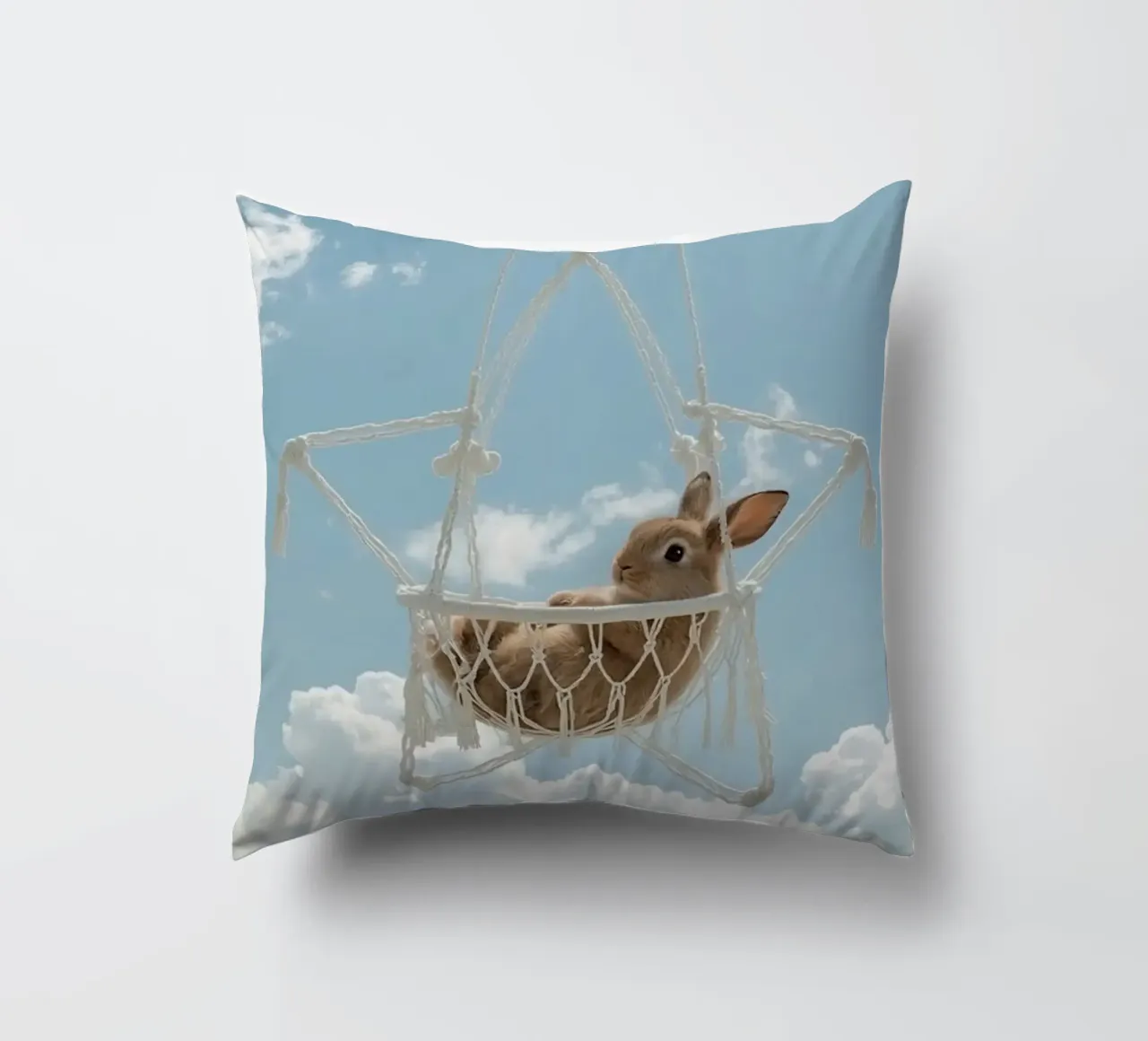 Simpatico coniglietto felice in amaca Macrame contro il cielo cuscino da DesignDoodle