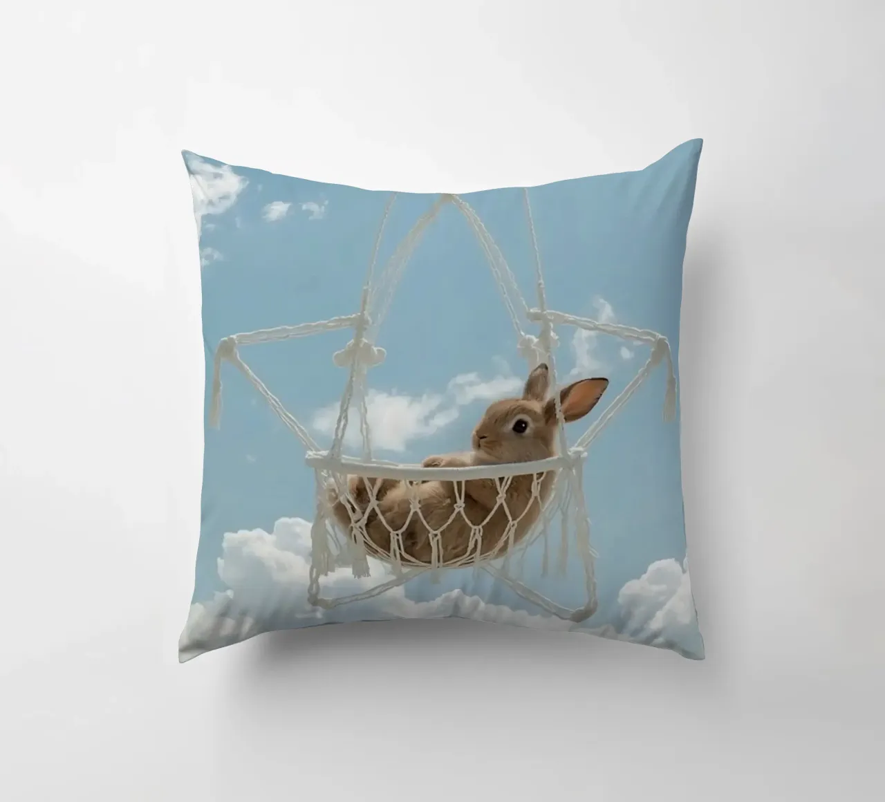 Simpatico coniglietto felice in amaca Macrame contro il cielo cuscino da DesignDoodle