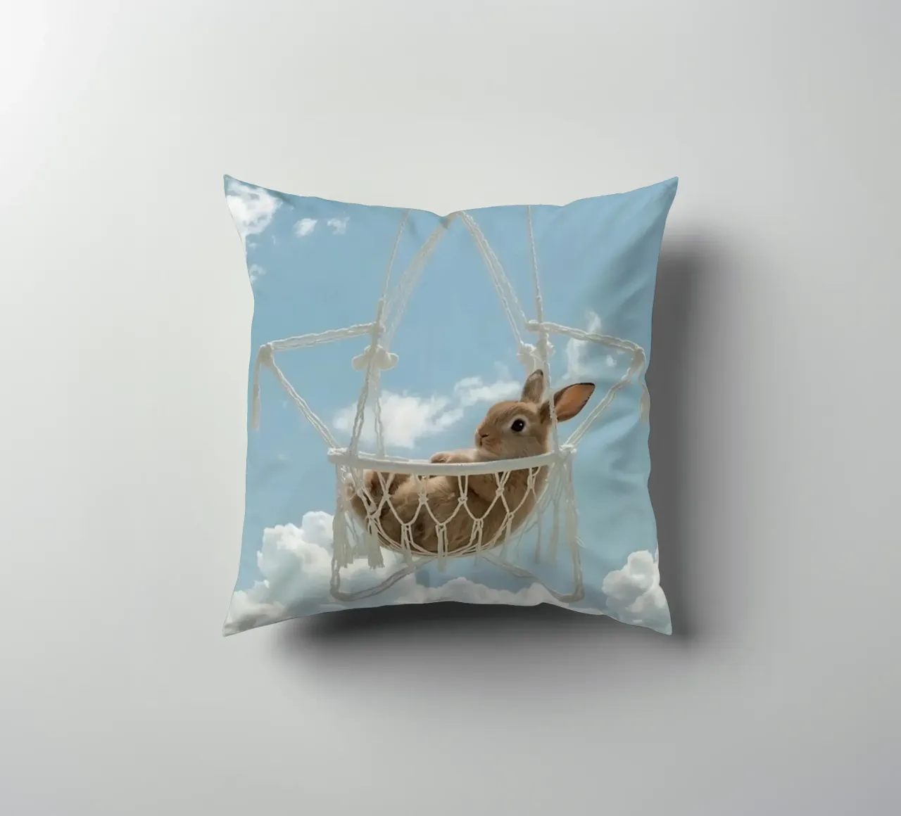 Simpatico coniglietto felice in amaca Macrame contro il cielo cuscino da DesignDoodle