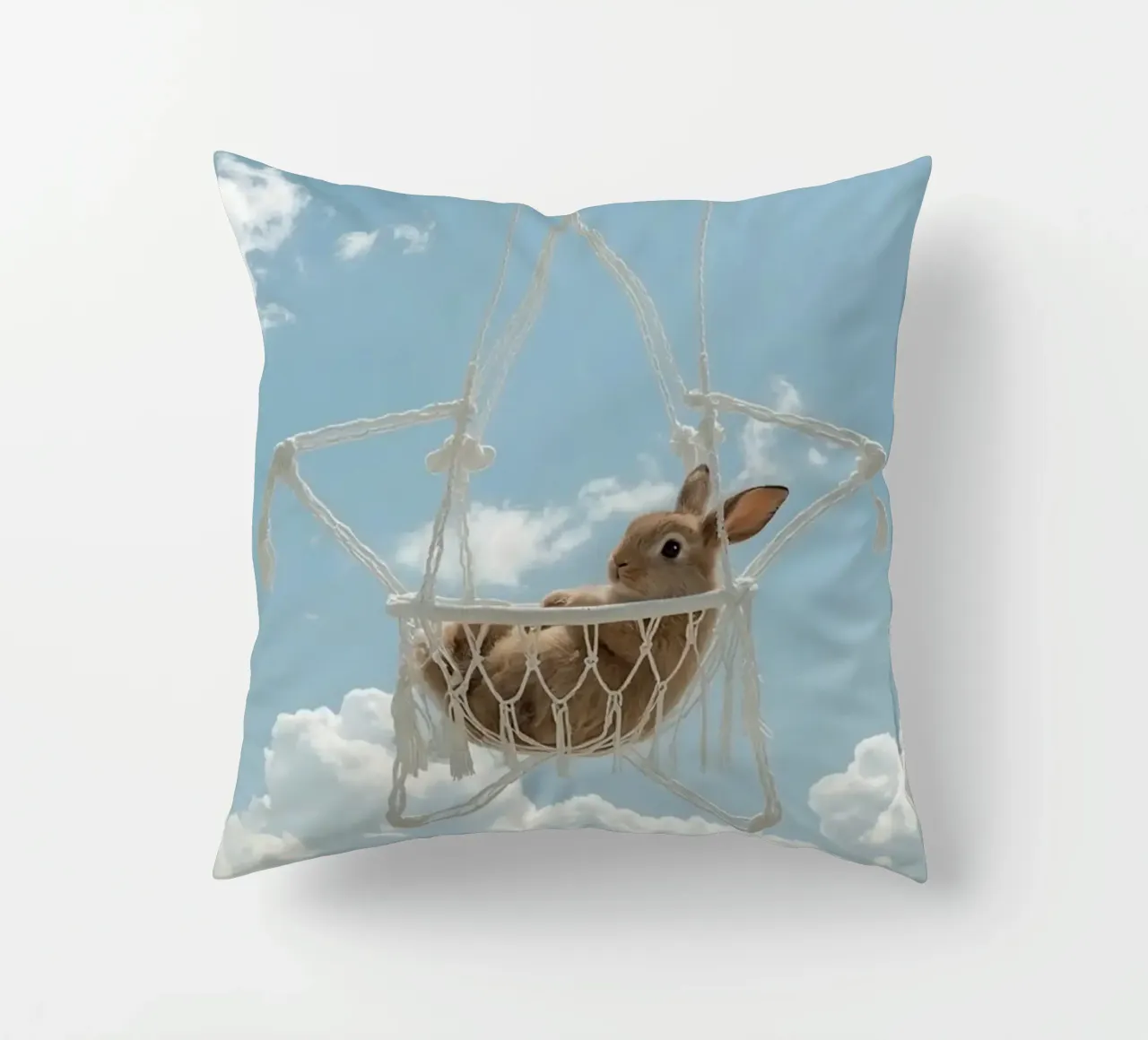 Simpatico coniglietto felice in amaca Macrame contro il cielo cuscino da DesignDoodle