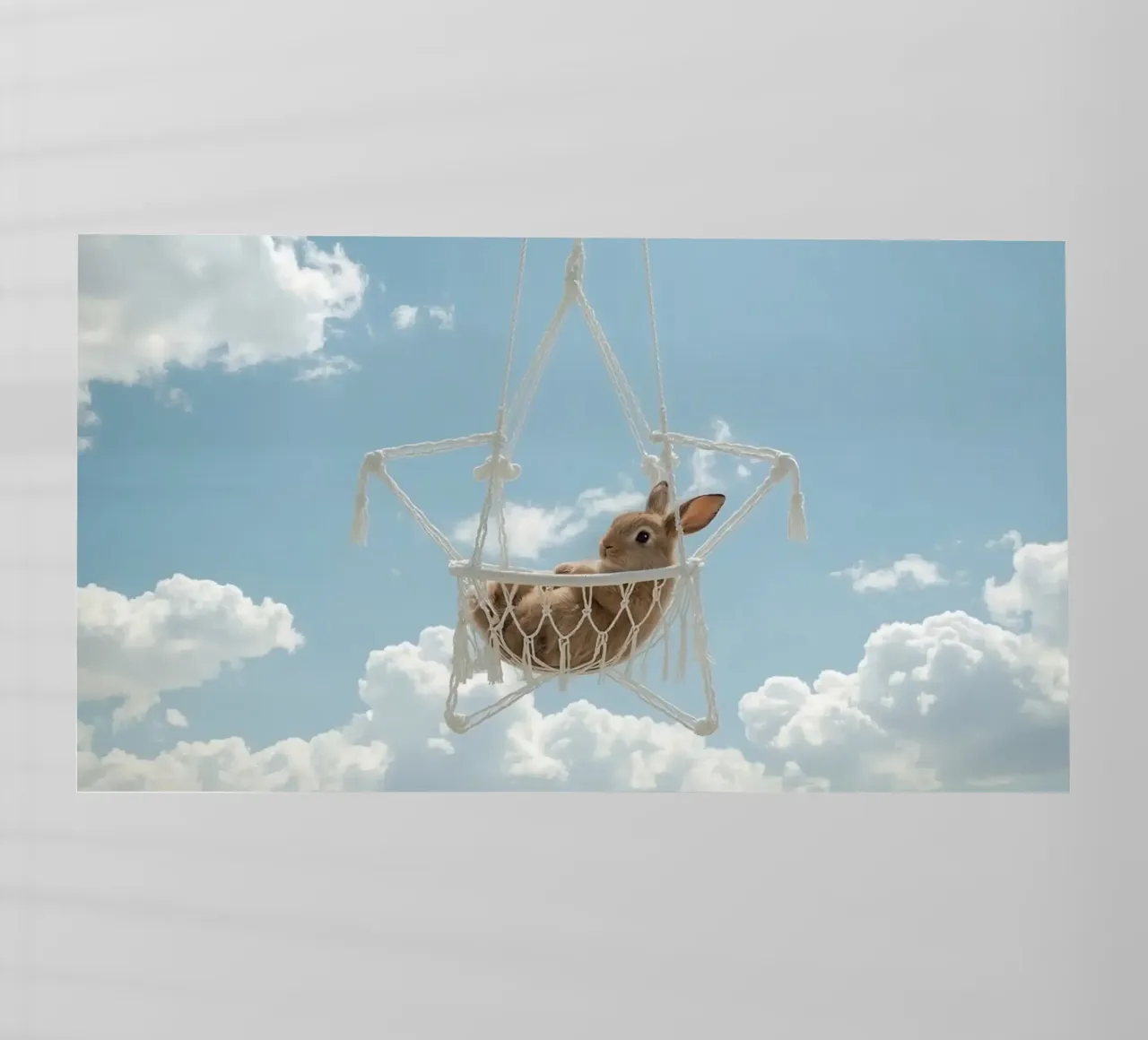 Simpatico coniglietto felice in amaca Macrame contro il cielo pellicola backlit da DesignDoodle