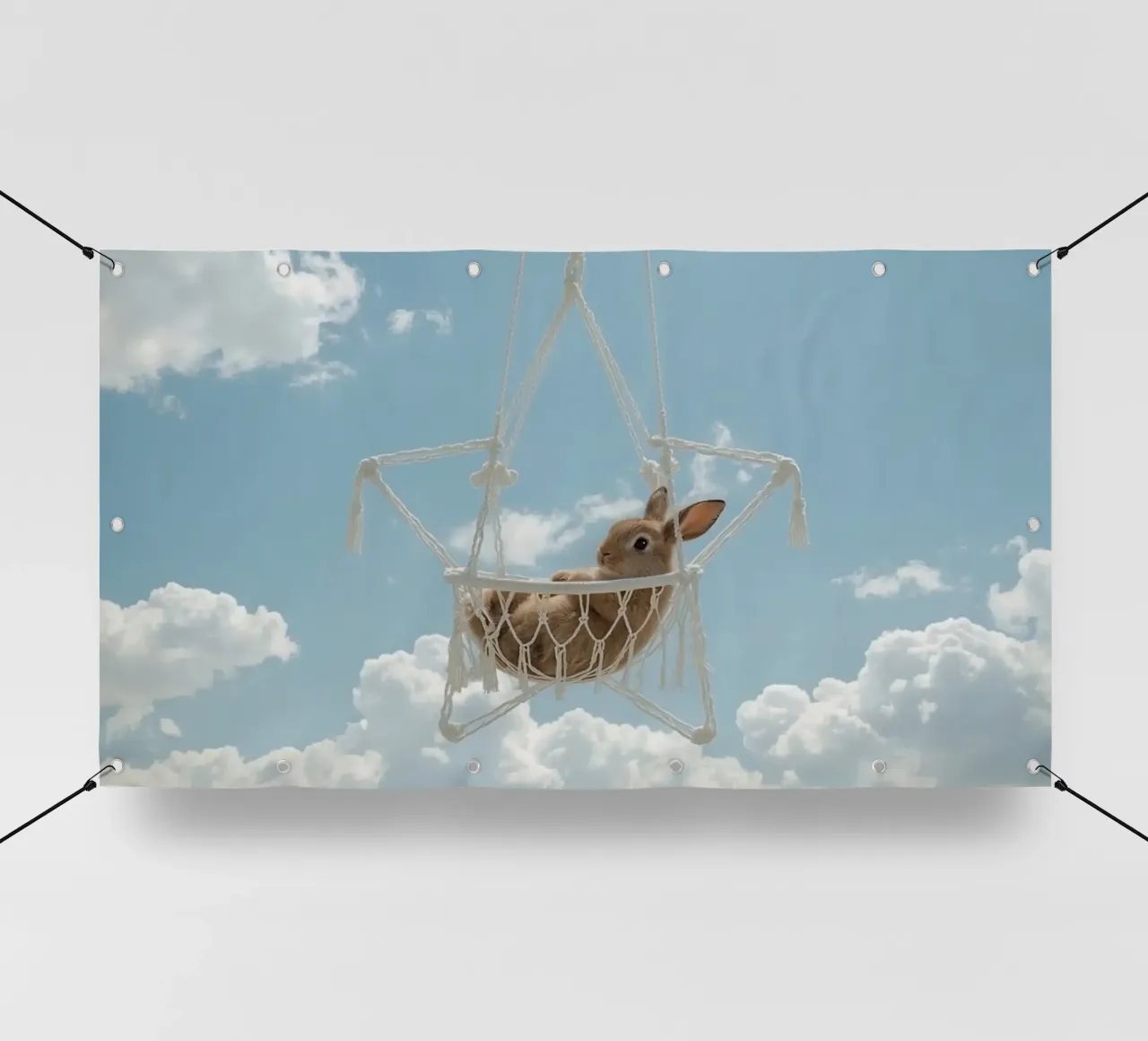 Mignon lapin heureux dans un hamac en macramé sur fond de ciel bâche pvc de DesignDoodle