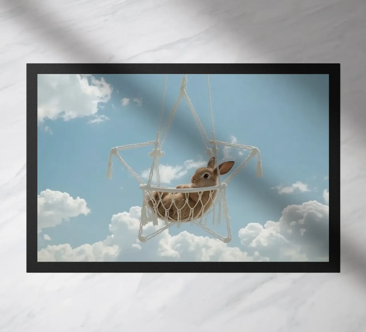 Mignon lapin heureux dans un hamac en macramé sur fond de ciel paillasson de DesignDoodle