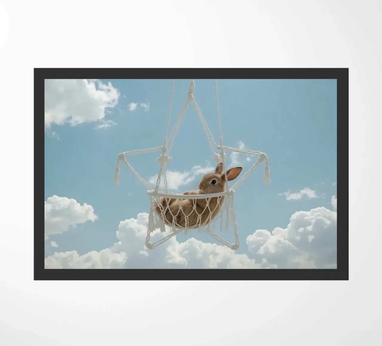 Mignon lapin heureux dans un hamac en macramé sur fond de ciel paillasson de DesignDoodle