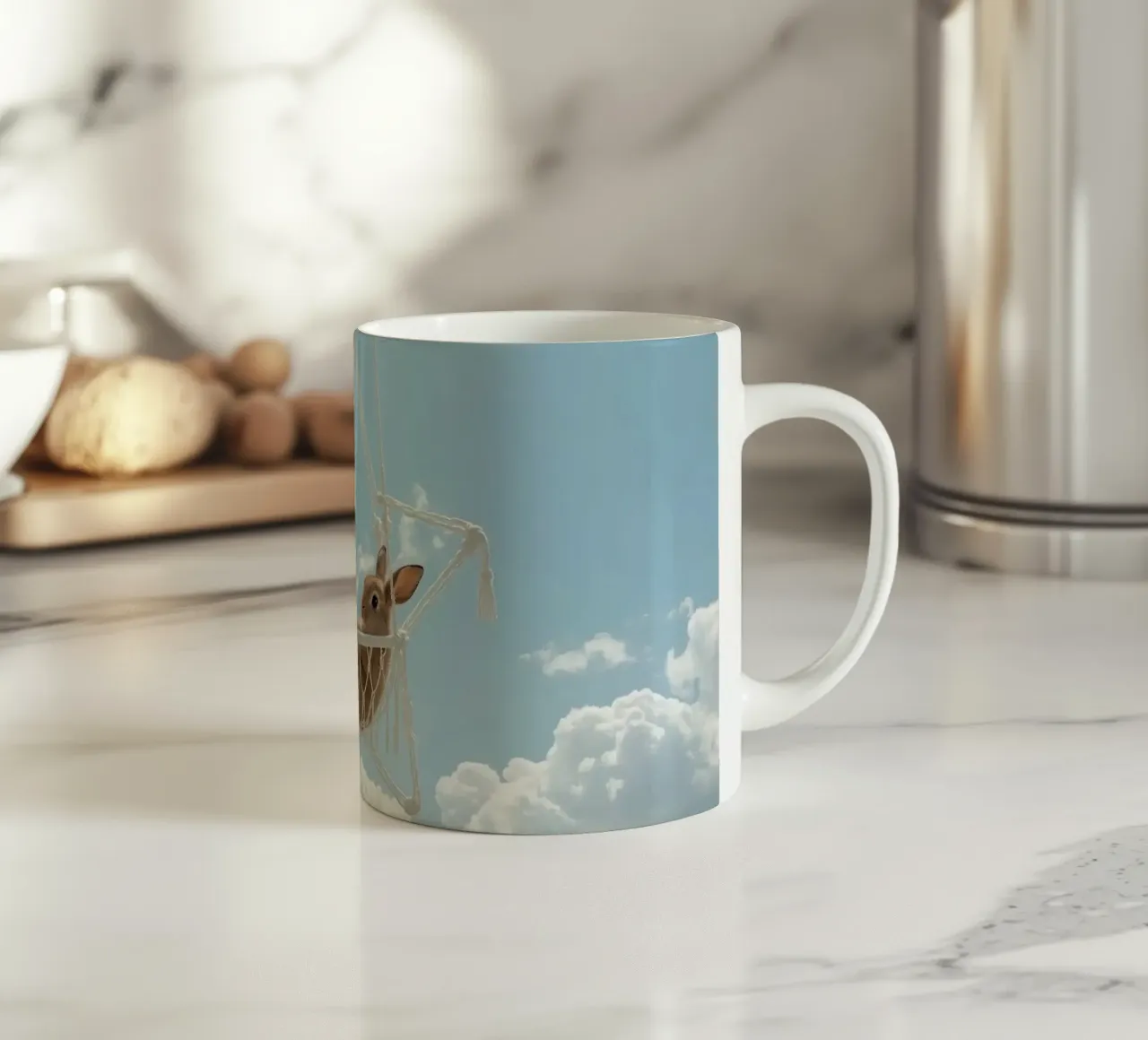 Mignon lapin heureux dans un hamac en macramé sur fond de ciel mug en céramique de DesignDoodle