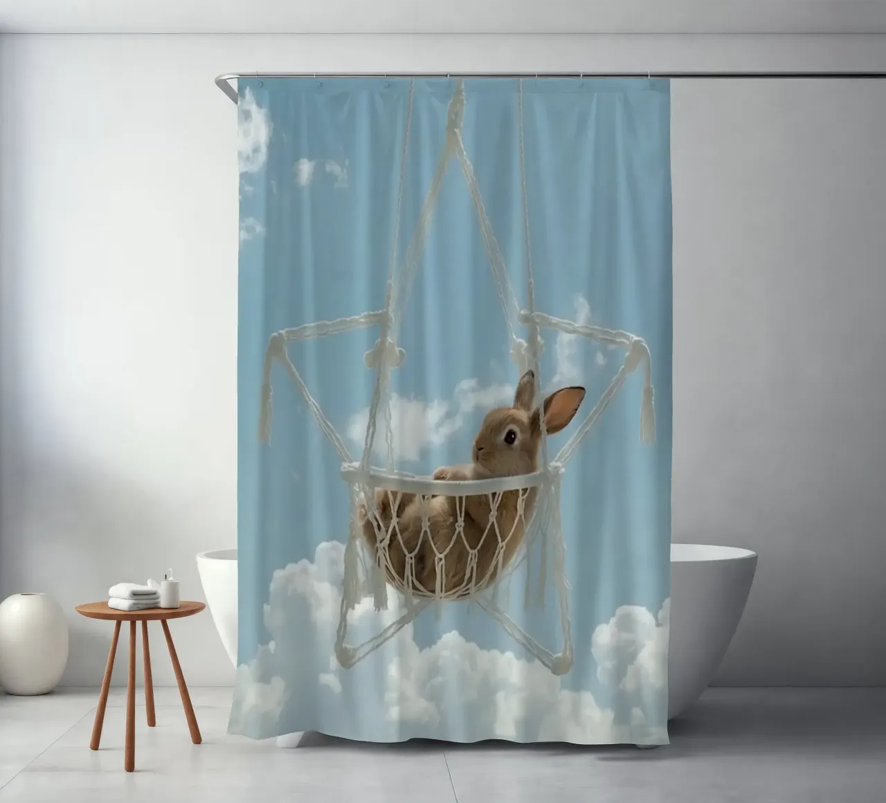 Simpatico coniglietto felice in amaca Macrame contro il cielo tenda da doccia da DesignDoodle