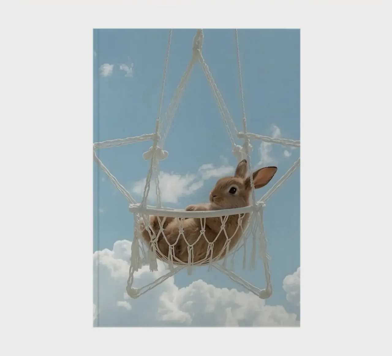 Mignon lapin heureux dans un hamac en macramé sur fond de ciel carnet de notes de DesignDoodle