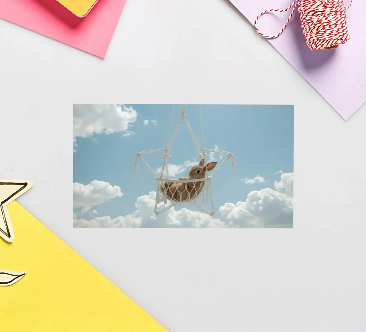 Mignon lapin heureux dans un hamac en macramé sur fond de ciel autocollant de DesignDoodle
