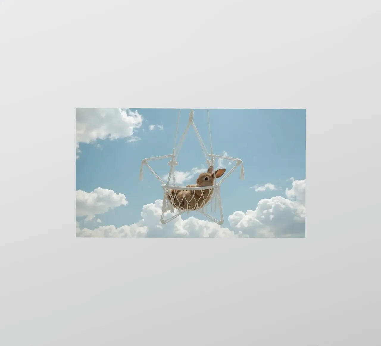 Mignon lapin heureux dans un hamac en macramé sur fond de ciel autocollant de DesignDoodle