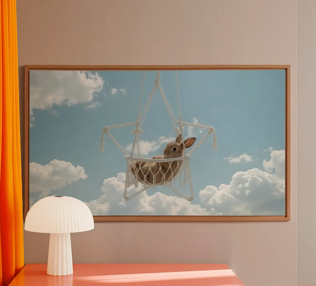 Mignon lapin heureux dans un hamac en macramé sur fond de ciel alu dibond de DesignDoodle