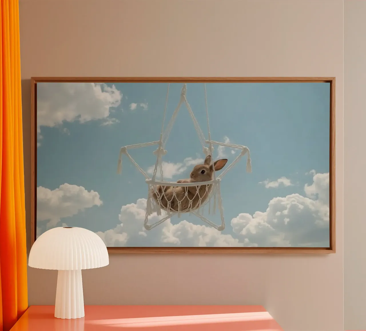 Cute Happy Bunny in Macrame Hammock Against Sky canvas by DesignDoodle