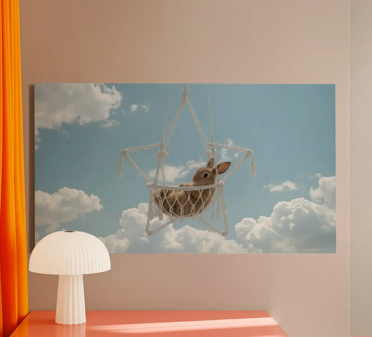 Cute Happy Bunny in Macrame Hammock Against Sky canvas by DesignDoodle