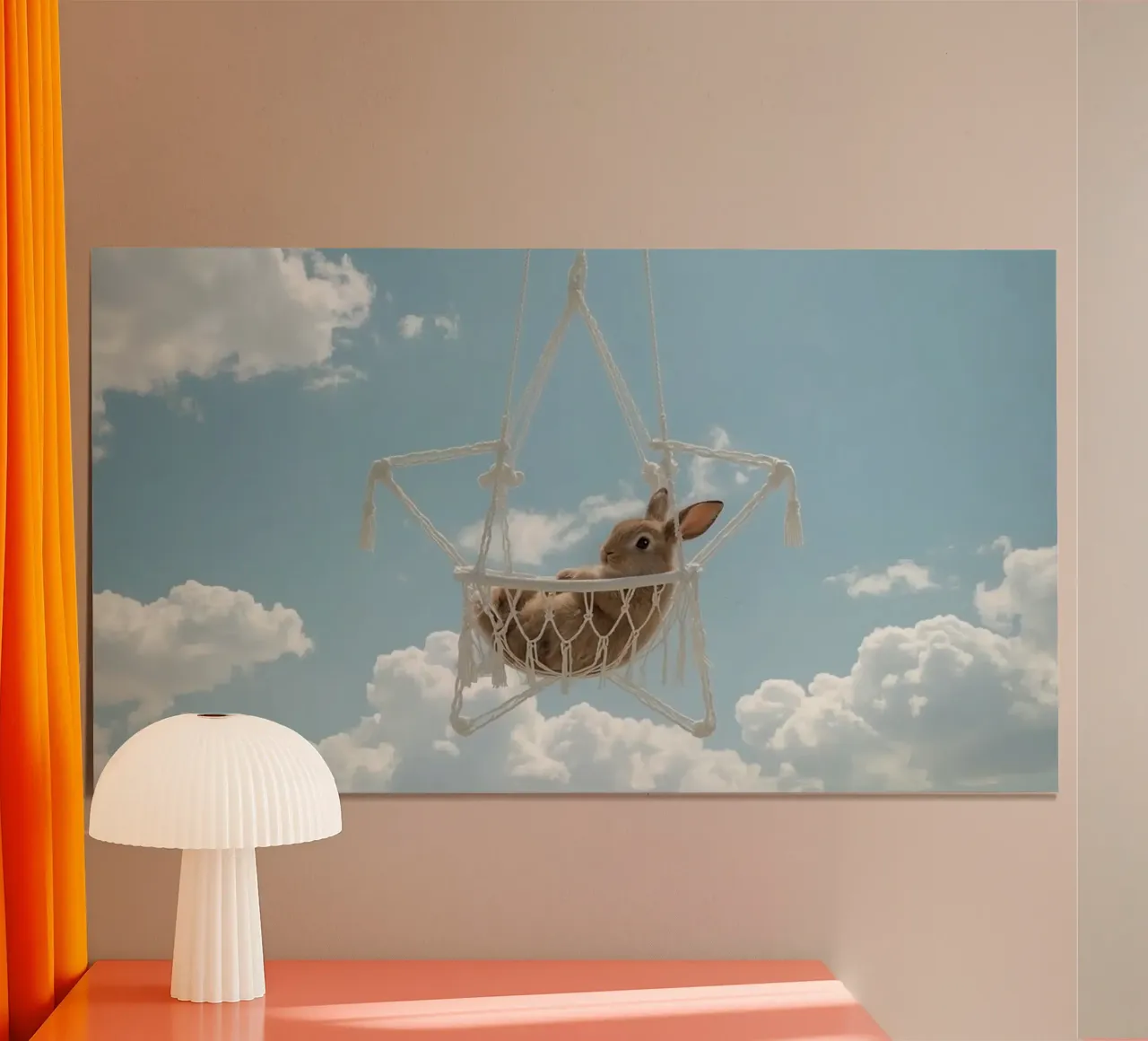 Mignon lapin heureux dans un hamac en macramé sur fond de ciel hahnemühle de DesignDoodle