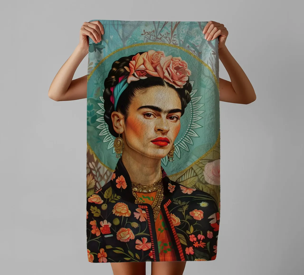 Frida self-portrait of colours towel by Carinaprint