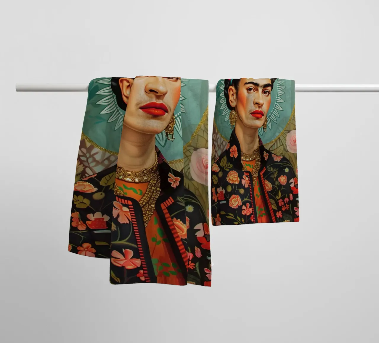 Frida self-portrait of colours towel by Carinaprint