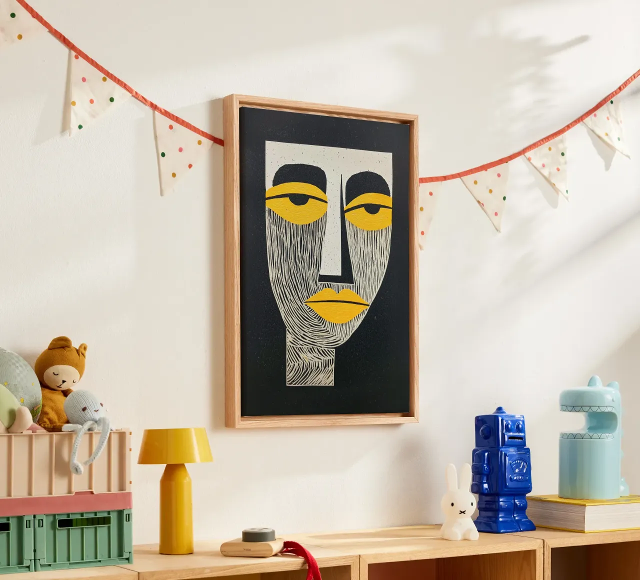 Abstracte gezichtskunst, geel en zwart expressionisme canvas van Bakara