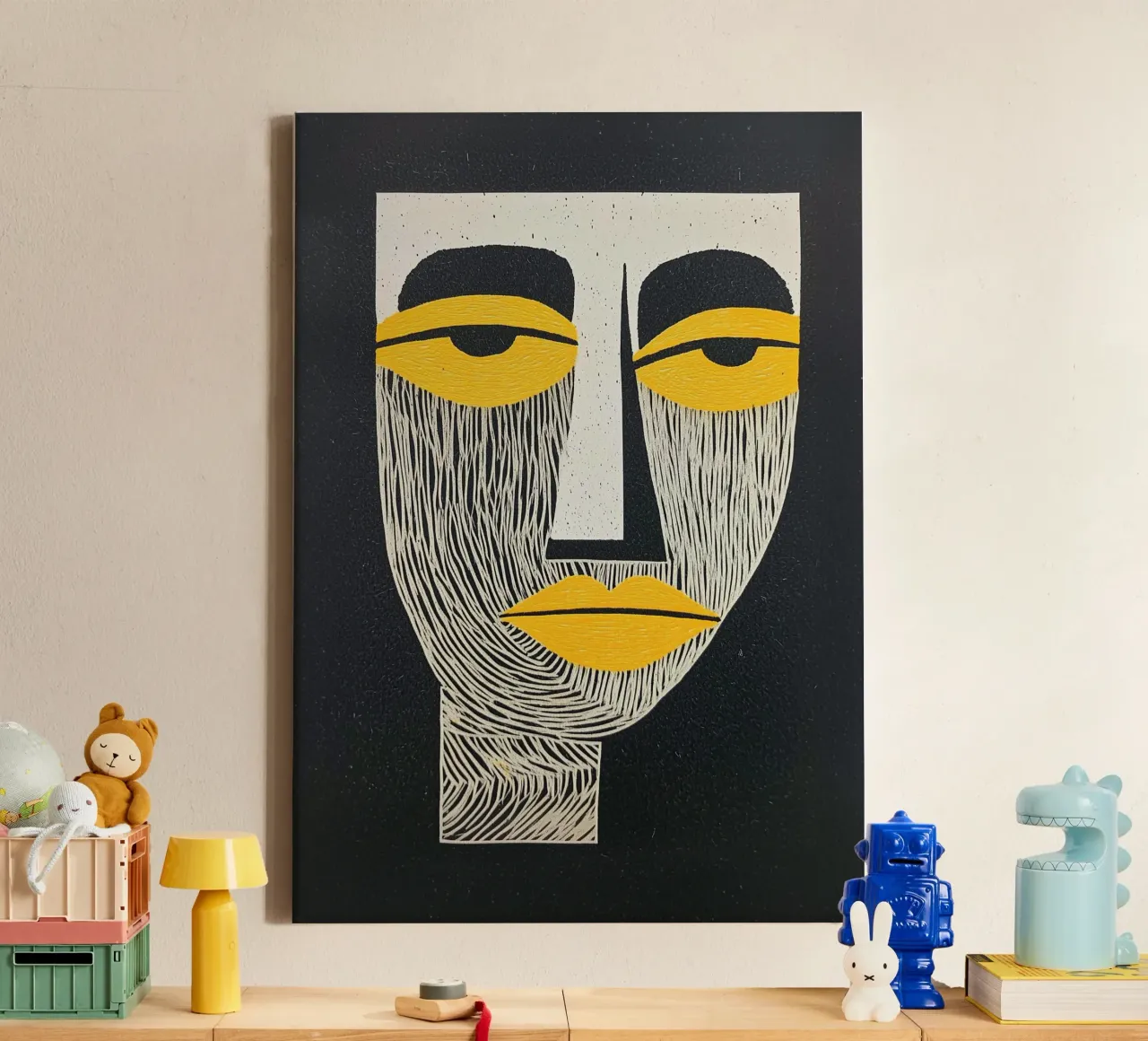 Abstracte gezichtskunst, geel en zwart expressionisme canvas van Bakara