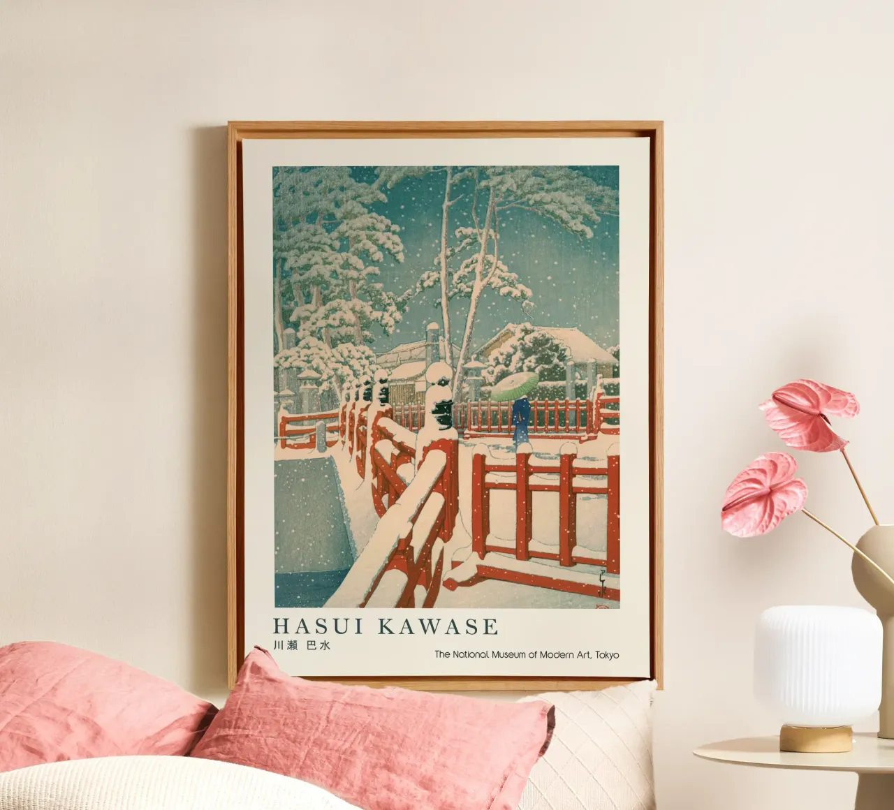 Ponte rosso di Hasui Kawase, scena di neve giapponese tela da Bakara