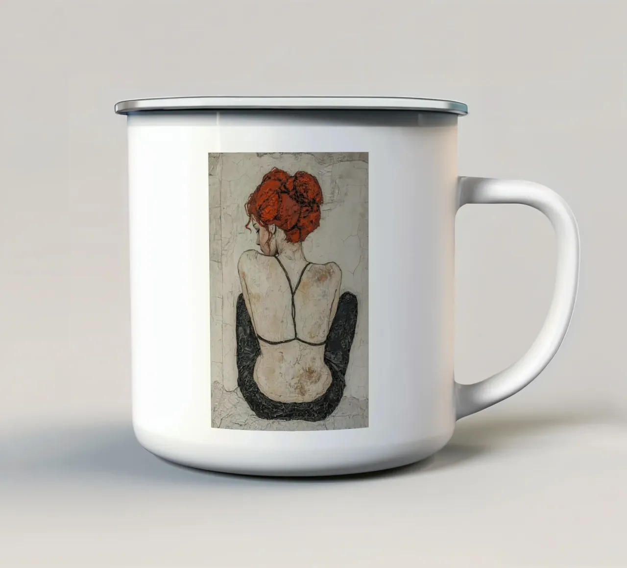 Vista posteriore della donna tazza in smalto da Carinaprint